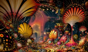 shell fan midnight garden landscape art