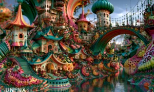 rainbow pagoda village canal landscape art