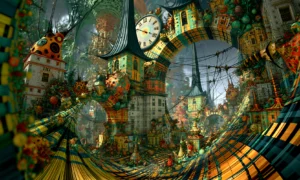 clock wheel skyline landscape art
