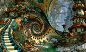stairway spiral pagodas landscape art