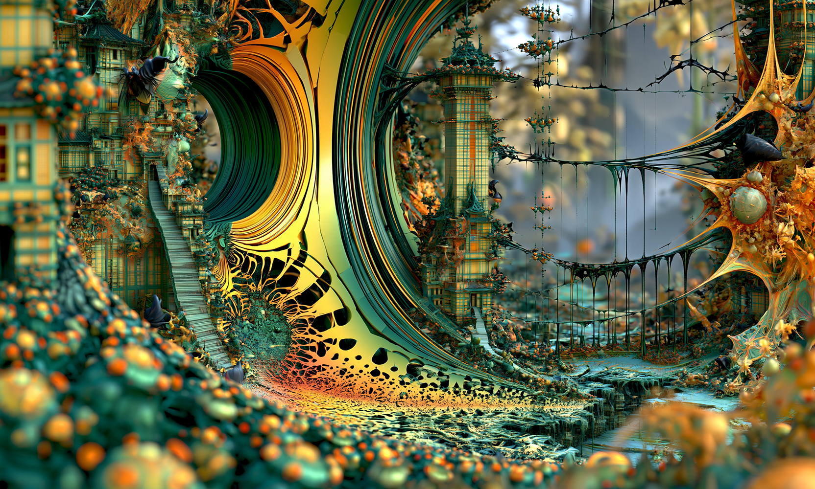 gold spiral cliff footbridge landscape art