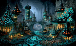 midnight teal pagoda lanes landscape art