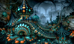 teal dotted dome village landscape art