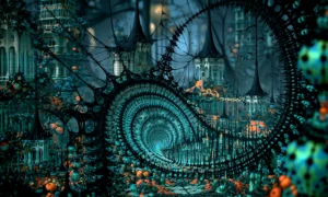 wire spiral gate night landscape art
