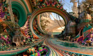 ribbon gate stream village landscape art