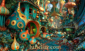 teal spotted mushroom cottage landscape art