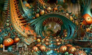 orange whorl ship village landscape art