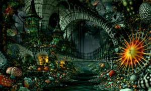 moss green bridge cavern landscape art