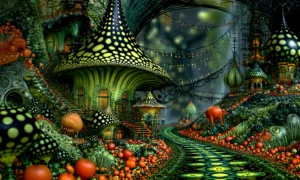 spotted mushroom hut path landscape art