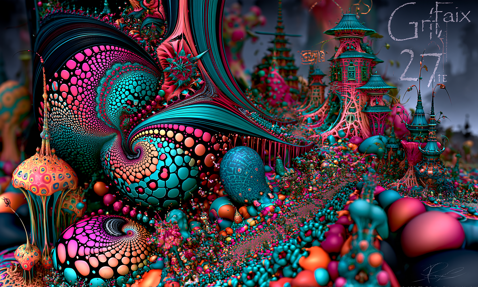 magenta mushroom castle glade landscape art