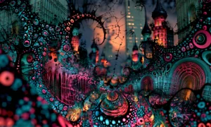 pink dotted gothic spires landscape art