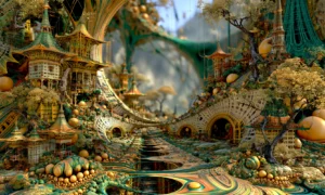 gold treehouse pagoda woods landscape art