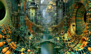 green grid canal castle landscape art