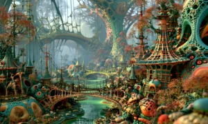 forest bridge pagoda hollow landscape art