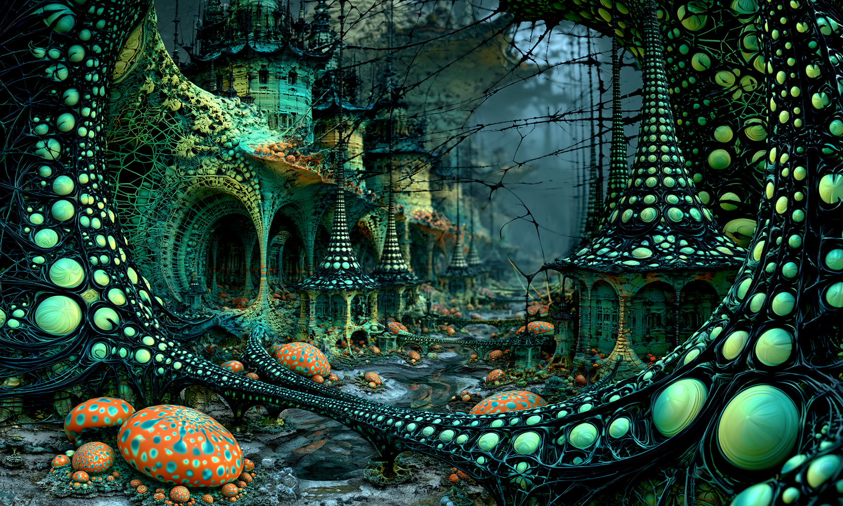 mint green mushroom citadel landscape art