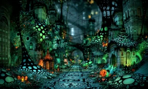 dark green cell hall landscape art