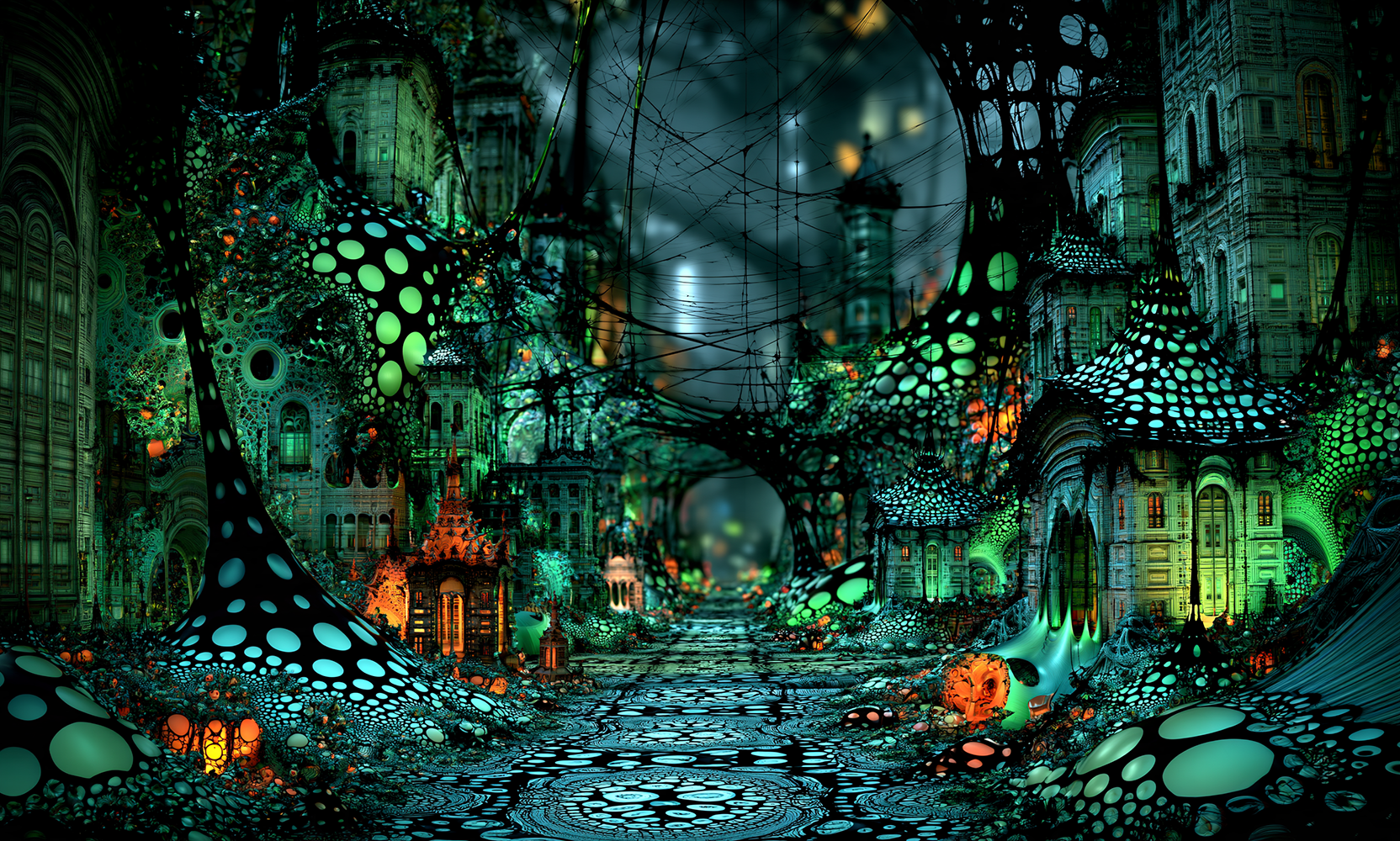 dark green cell hall landscape art