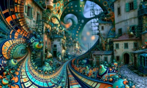 teal curl street spiral landscape art