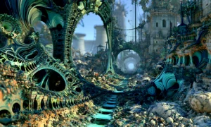 ruined arch gate rail landscape art