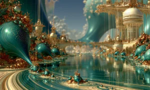 sunlit palace lagoon bridge landscape art