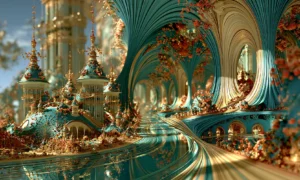 gold pavilion curving road landscape art