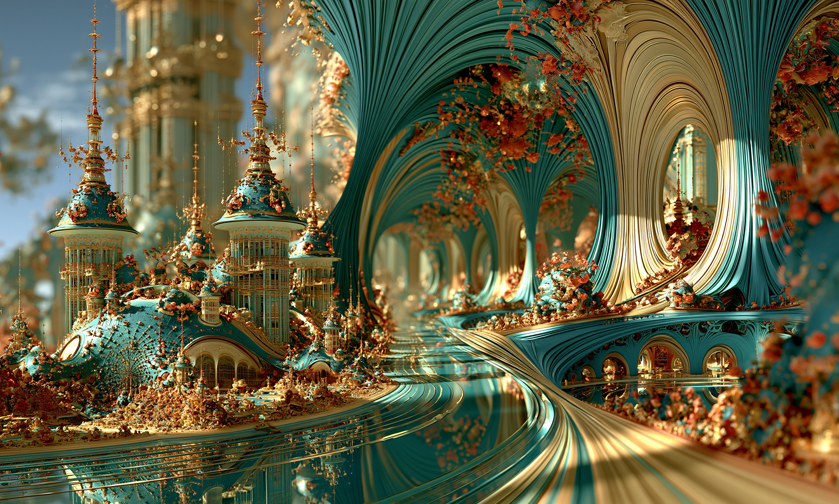 gold pavilion curving road landscape art