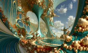 teal fan cloud window landscape art