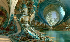shell stair lagoon boat landscape art