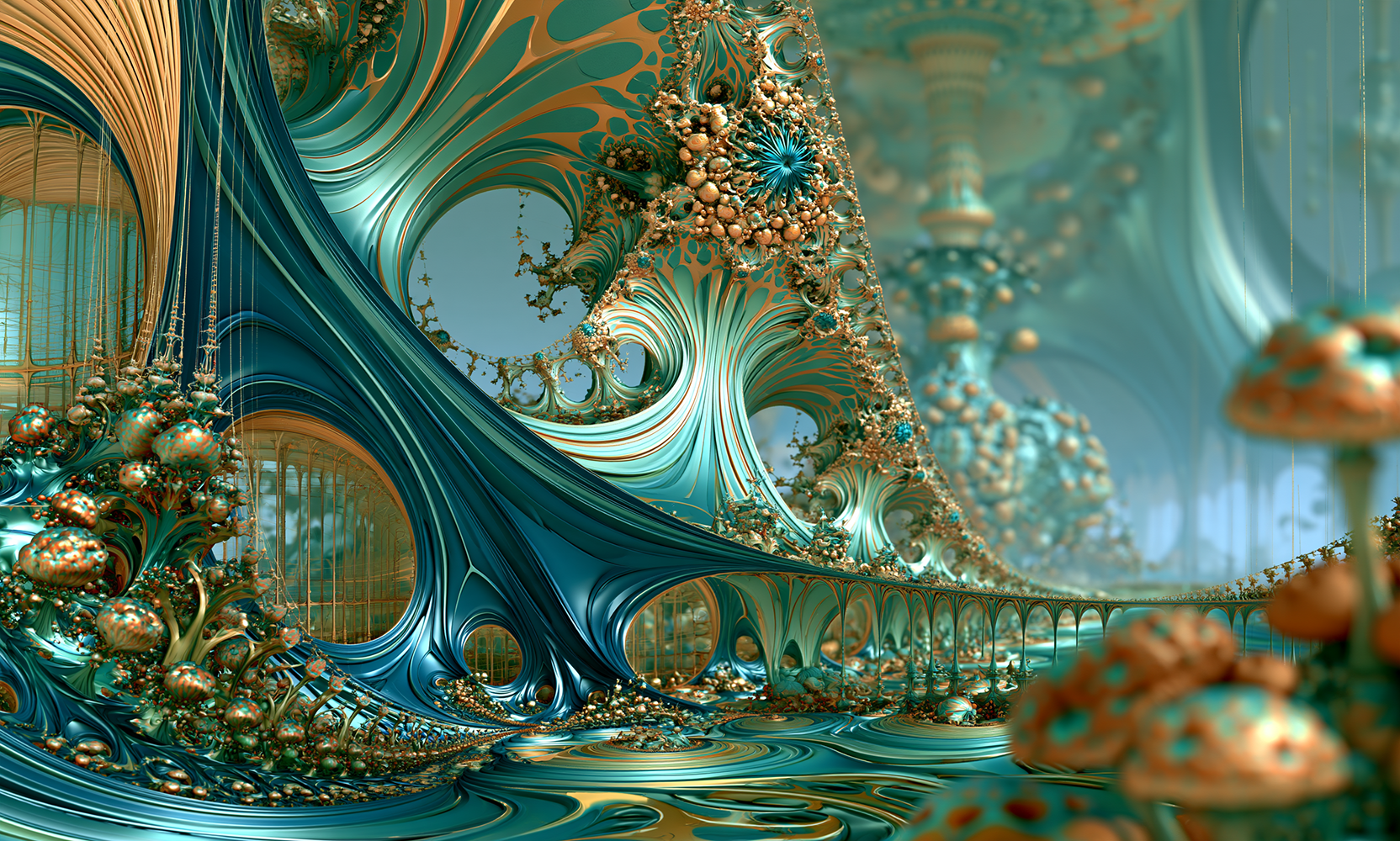 mushroom teal fan viaduct landscape art