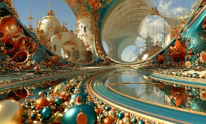 gold cathedral rail lagoon landscape art