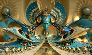 blue mask in the gold fan landscape art