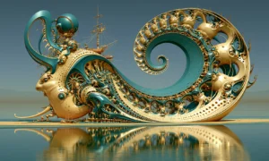 gold snail ship landscape art