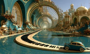 piano bridge beetle car landscape art