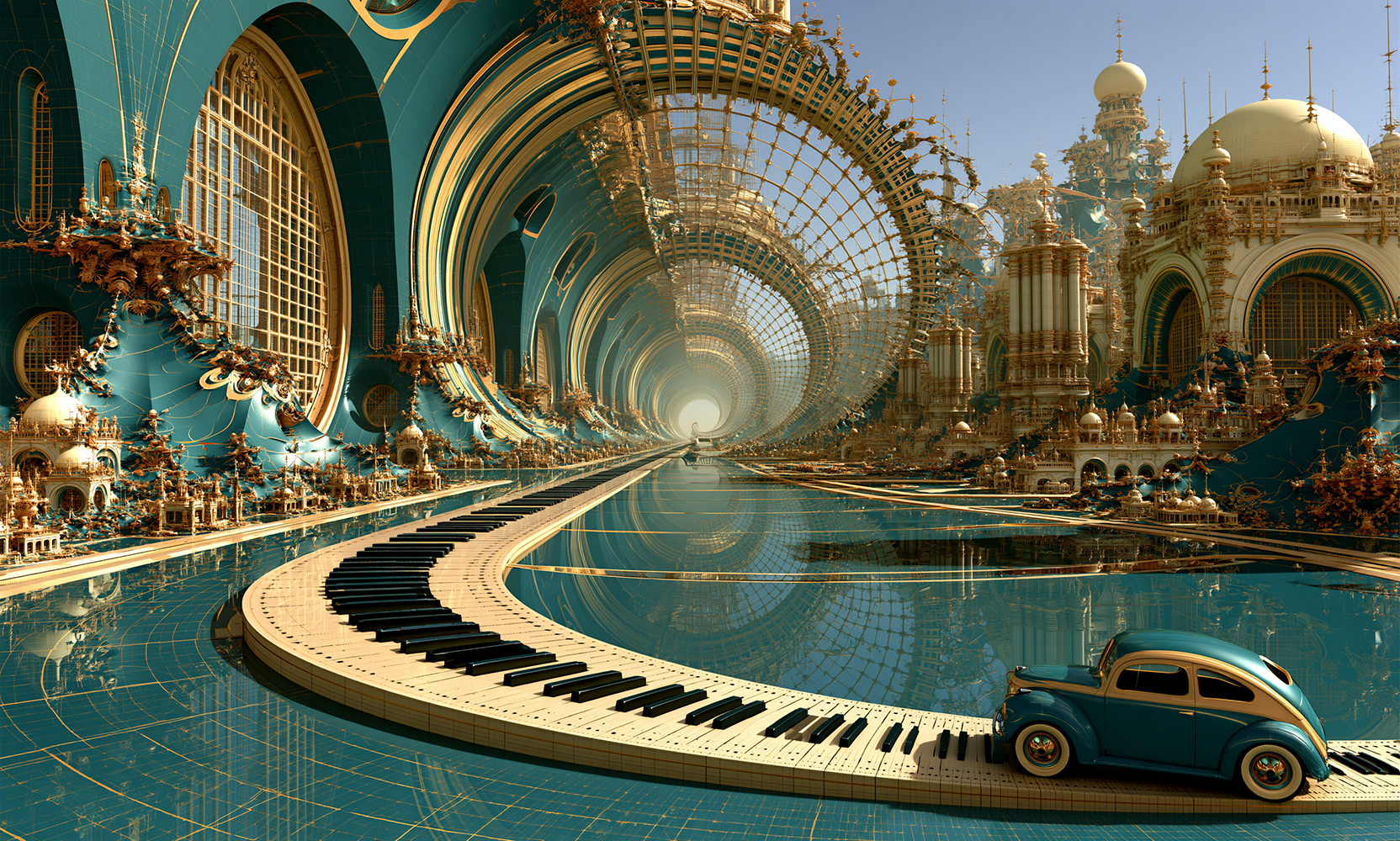 piano bridge beetle car landscape art