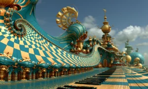 checkerboard wave piano road landscape art