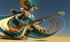 gold guitarist in the teal wave landscape art