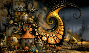 orange spiral village landscape art