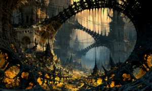 dark lattice bridge city landscape art