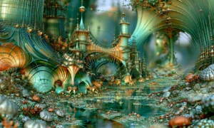 teal spiral garden castle landscape art