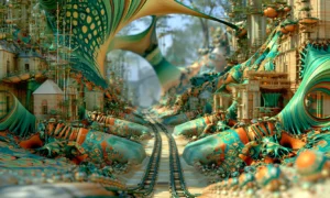 railway through the teal fans landscape art