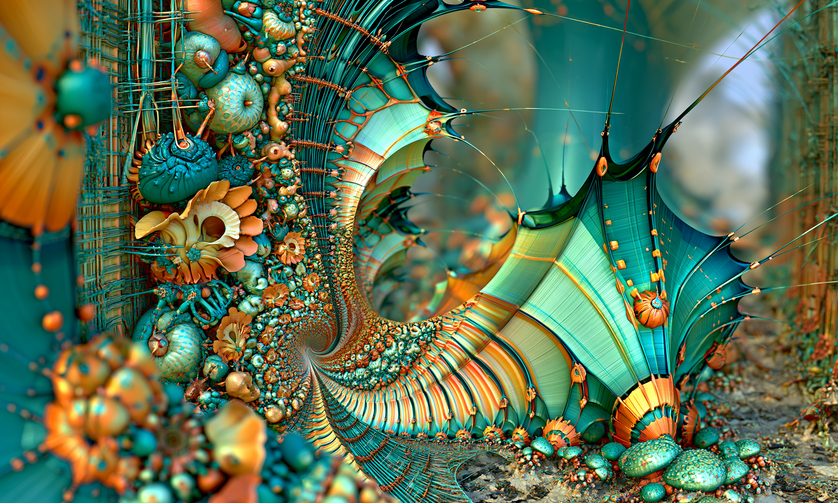 orange bloom spiral valley landscape art