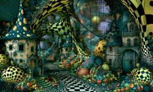checker mushroom cottage landscape art