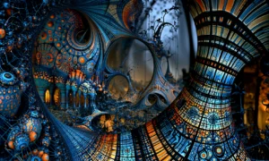 blue lattice tunnel town landscape art