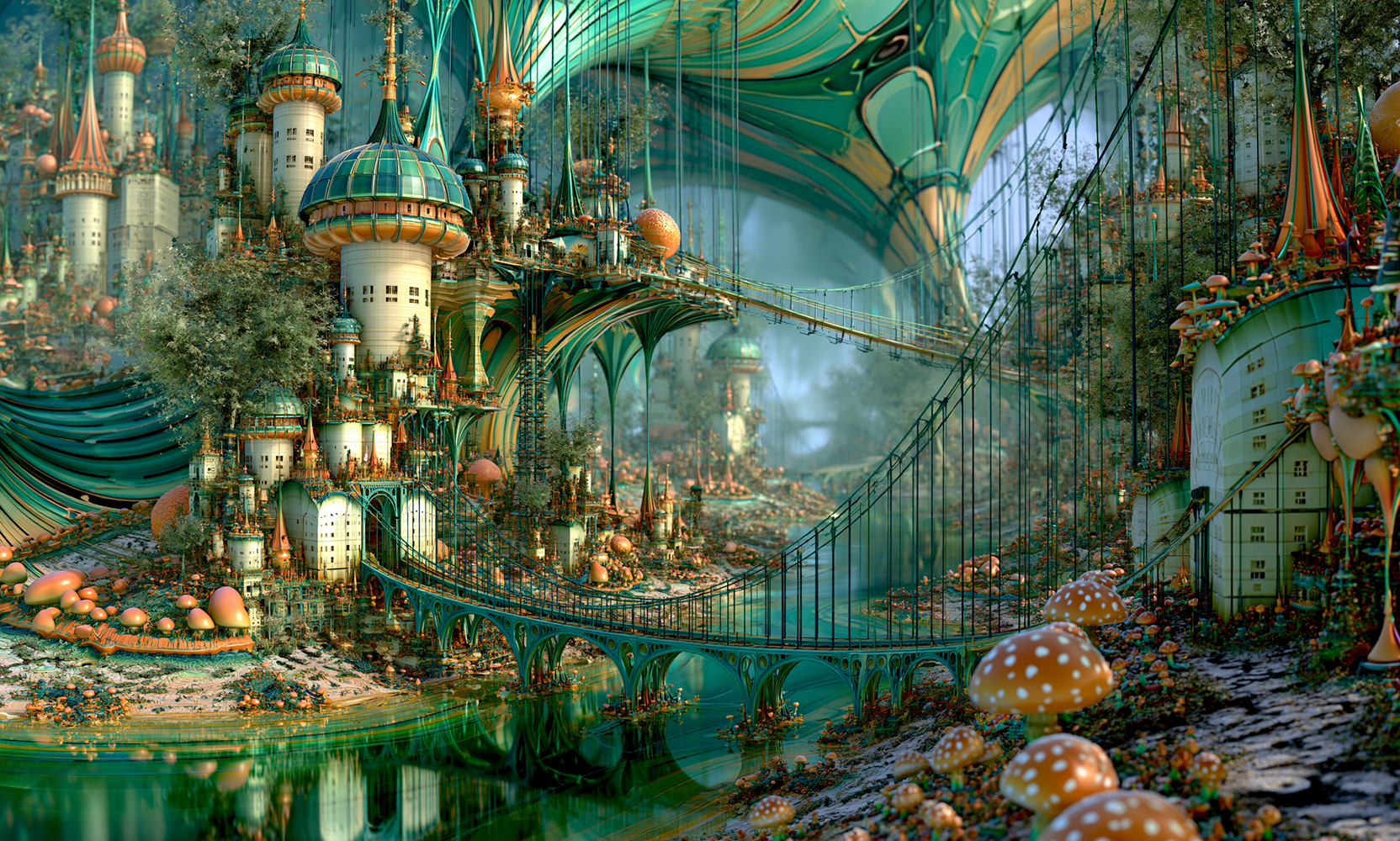 misty castle bridge garden landscape art