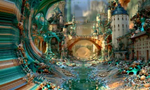 brick bridge tower canyon landscape art