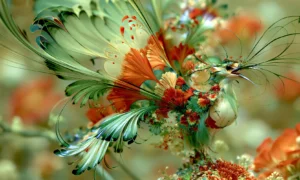 fan wing bird in the blossoms landscape art