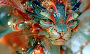 blue face cat in the orange wings landscape art
