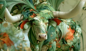 pale bull with long horns landscape art