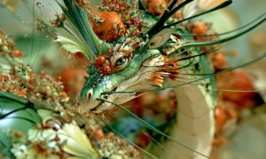 leaf dragon peering landscape art