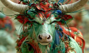 green bull of feathers landscape art